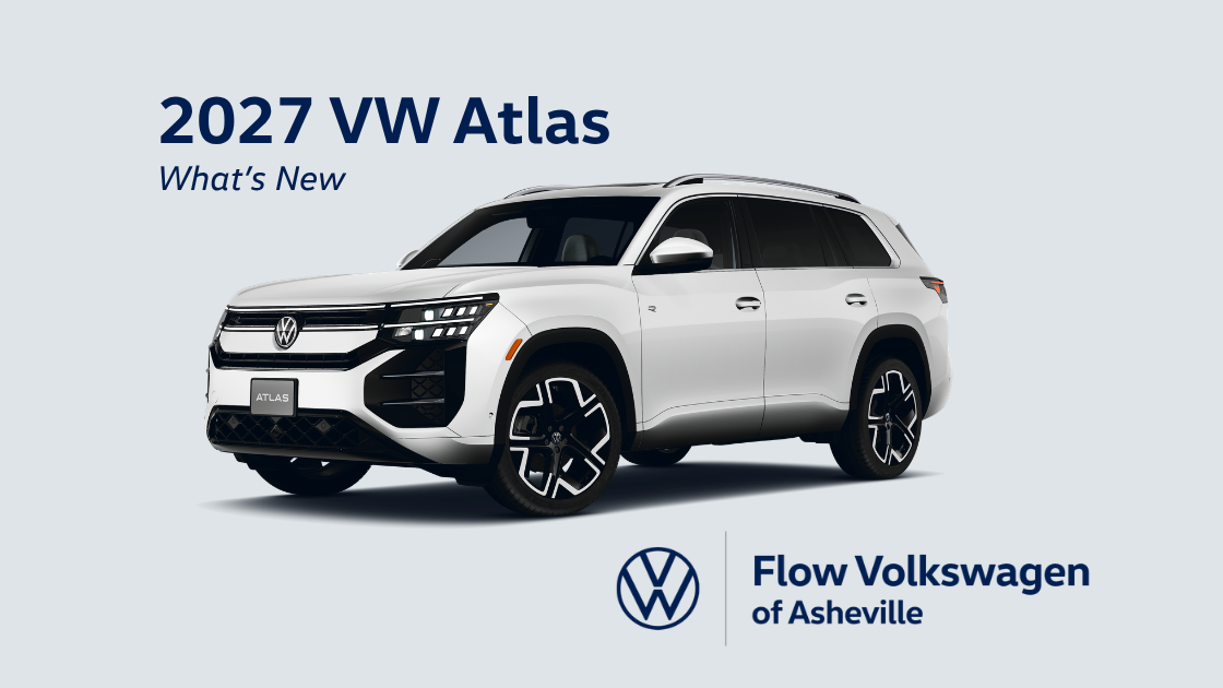 A white 2027 VW Atlas in front of a gray background