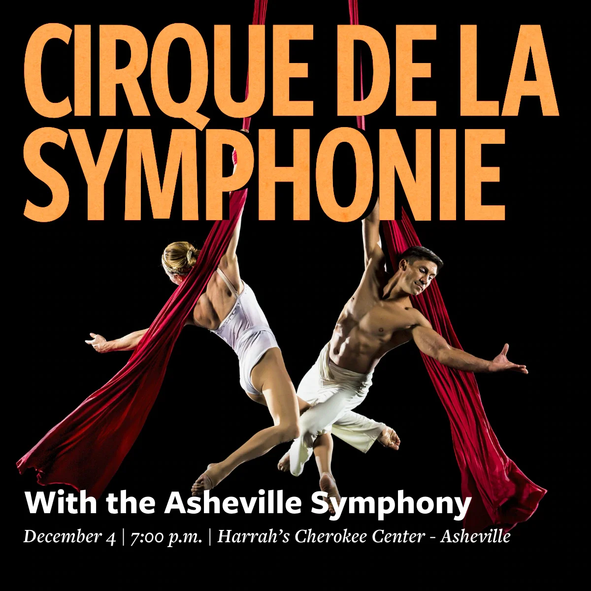 Cirque de la Symphonie poster with two aerialists on red silks against a black background.